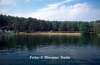 1995. Mecklenburg-Vorpommern. Feldberger Seengebiet. Carwitz. Dreetzsee. Blick auf den Campingplatz Thomsdorf