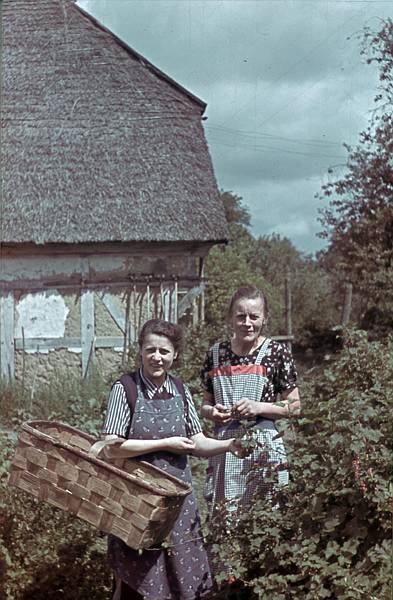 1940. Mecklenburg-Vorpommern. Darß. Ostsee. Zwei Frauen vor einem reetdachgedeckten Haus.