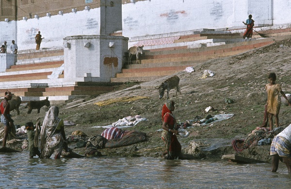 1982. Indien. India. Benares. Uttar Pradesh. Varansi. Kashi. Ganges.
1982. Asien. Bharat Ganarajya (Hindi), Republic of India, Republik Indien.  Religion Hinduismus. 
Varanasi (auch Benares oder Kashi, Bénarès) am Fluss Ganges ist die wichtigste der sieben heiligen Städte der Hindus. Die Stadt ist ein Wallfahrtsort. Am Ufer des Ganges gibt es viele Ghats; das sind breite Treppen, auf denen sich Gläubiger und Pilger drängen, um rituelle Bäder im Ganges vorzunehmen. Sie befreien von begangenen Sünden. Am Ufer finden Leichenverbrennungen statt.  

Foto: Helga Müller
Schlüsselwörter: 1982;Agra;Asien;Benares;Ganges;Hinduismus;India;Indien;Kashi;Religion;Varanasi