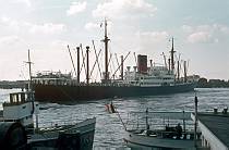 1958. Belgien. vermutlich Gent. Schiff im Hafen. Frachtschiff. Seefahrt. Barkassen. Boote. Schiffe