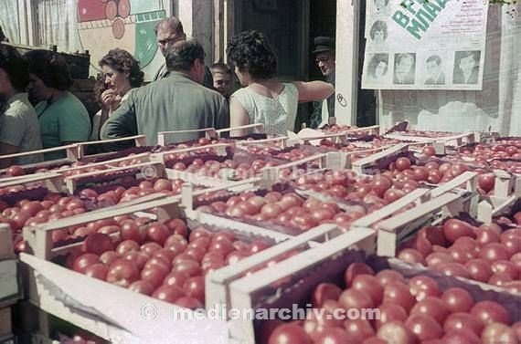 Dimitrowgrad. Gemüsehandel. Tomaten in Kisten.