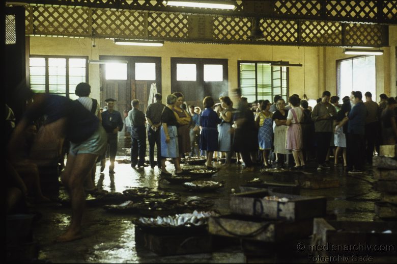 September 1964. Spanien. Fischmarkt in einer Halle.