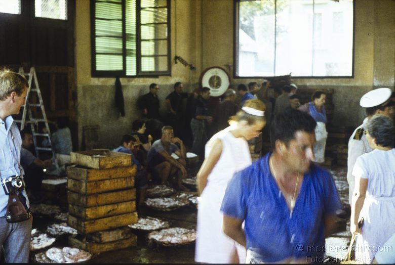 September 1964. Spanien. Markthalle. Fischhändler
