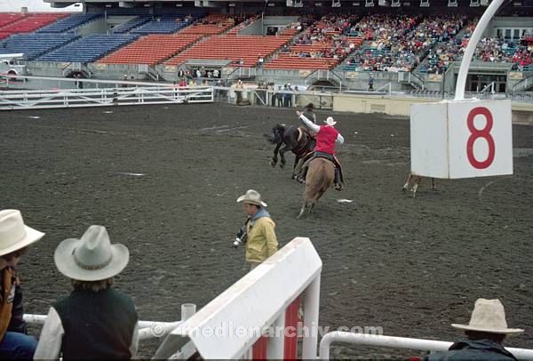 1978. Canada. Calgary. Rodeo. Kälberfang. Zuschauer. Tribüne. Reiter. Cowboyhüte Cowboyhut.