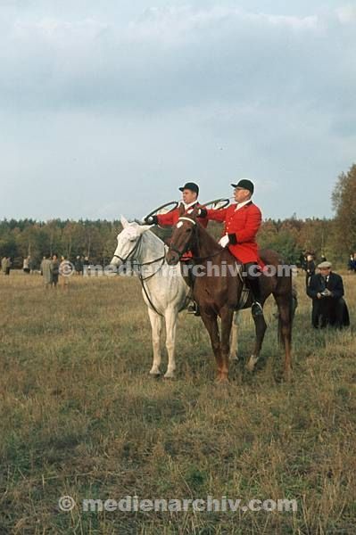 Deutschland. 1964. Zwei Bläser zu Pferde bei einer Jagd. Reiten, Reiter, Jagdhorn