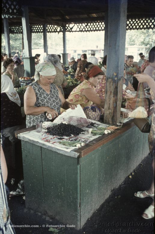 1970. Sowjetunion. Russland.  Charkow. Markt. Kirschen und Gemüse